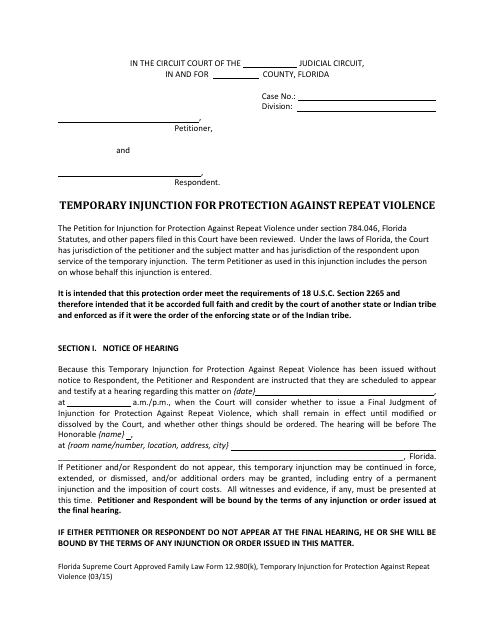 Form 12.980(K) Temporary Injunction for Protection Against Repeat Violence - Florida