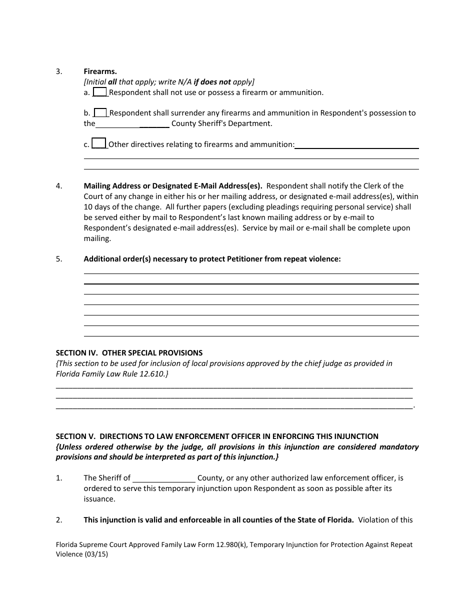 Form 12.980(K) Temporary Injunction for Protection Against Repeat Violence - Florida, Page 4