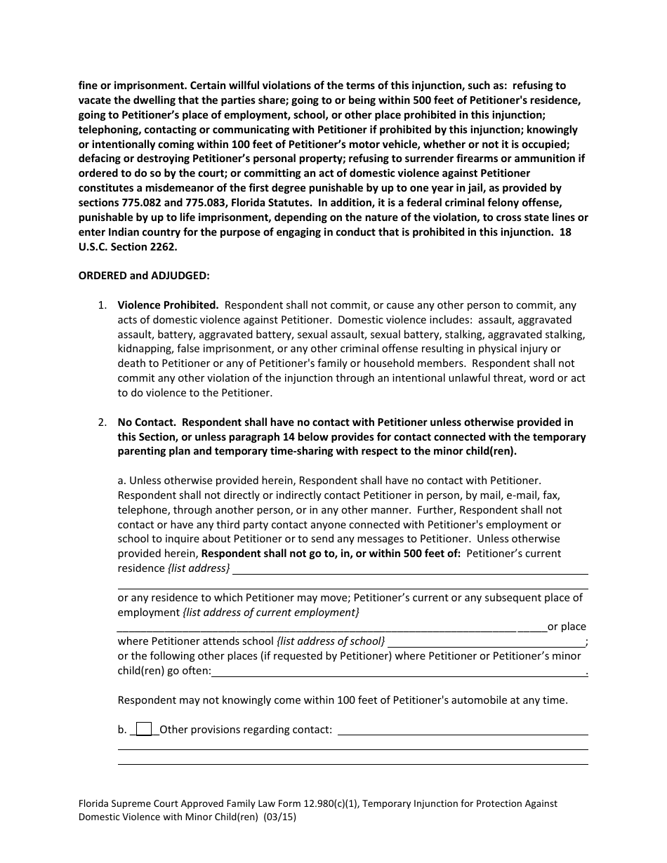 Form 12.980(C)(1) Temporary Injunction for Protection Against Domestic Violence With Minor Child(Ren) - Florida, Page 3