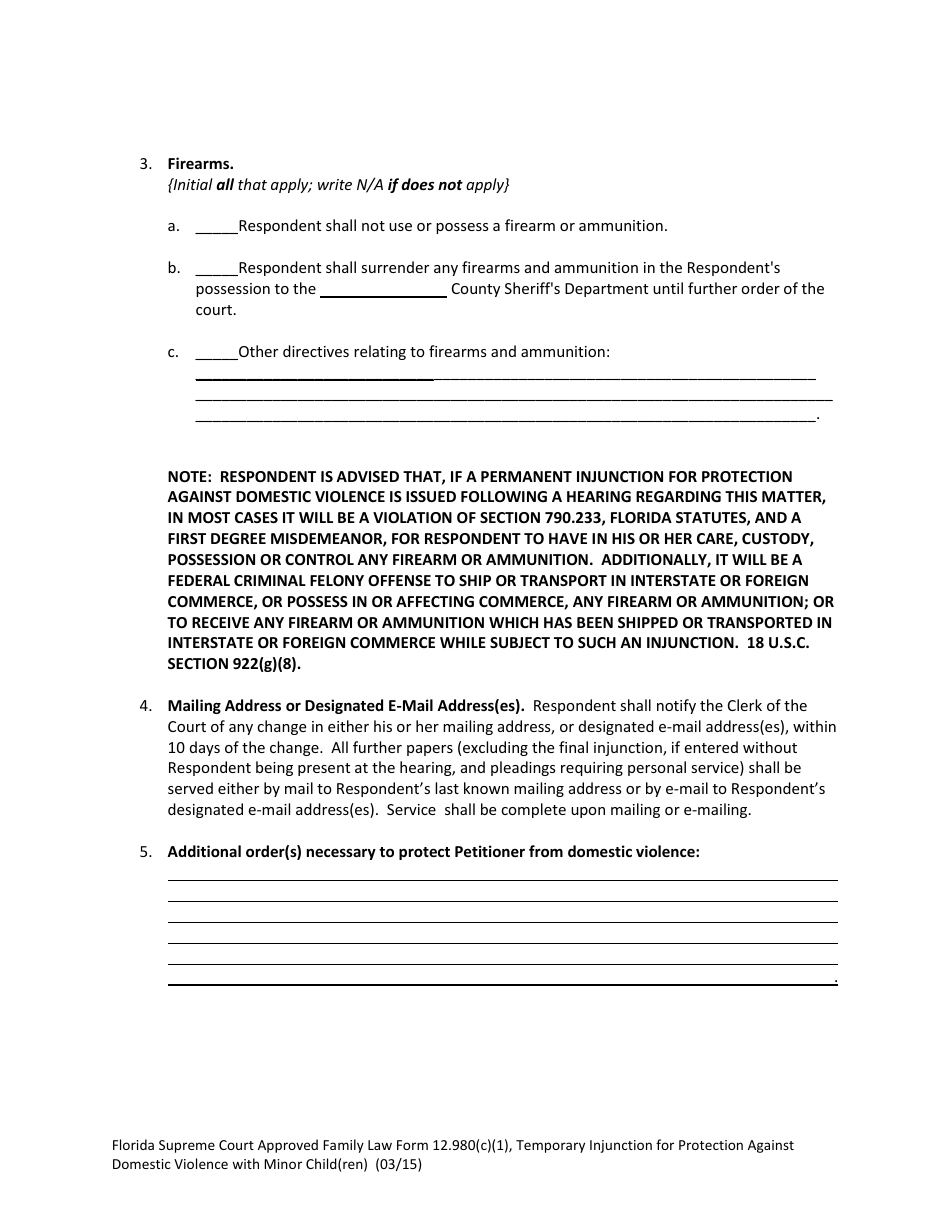 Form 12.980(C)(1) Temporary Injunction for Protection Against Domestic Violence With Minor Child(Ren) - Florida, Page 4