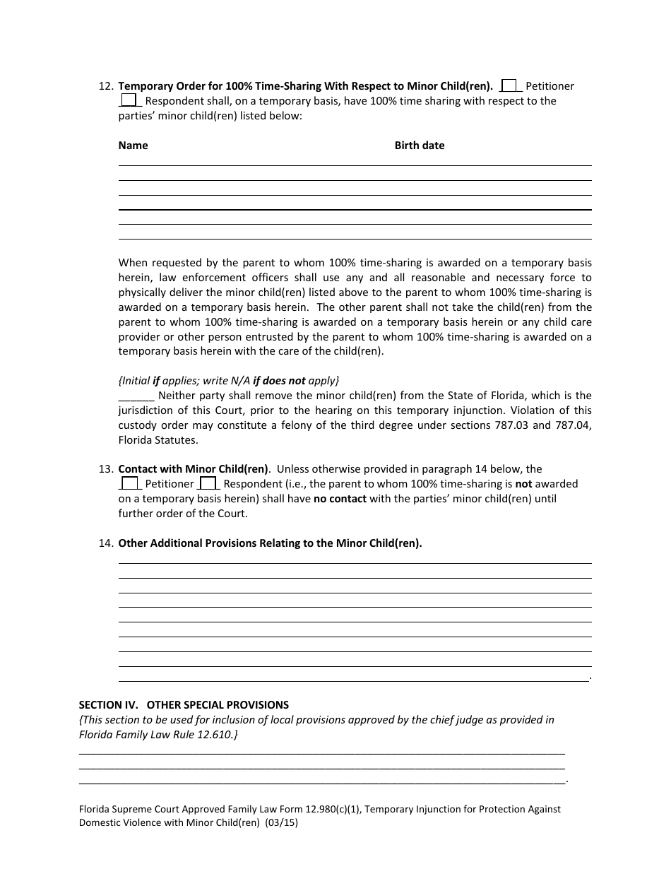 Form 12.980(C)(1) Temporary Injunction for Protection Against Domestic Violence With Minor Child(Ren) - Florida, Page 6