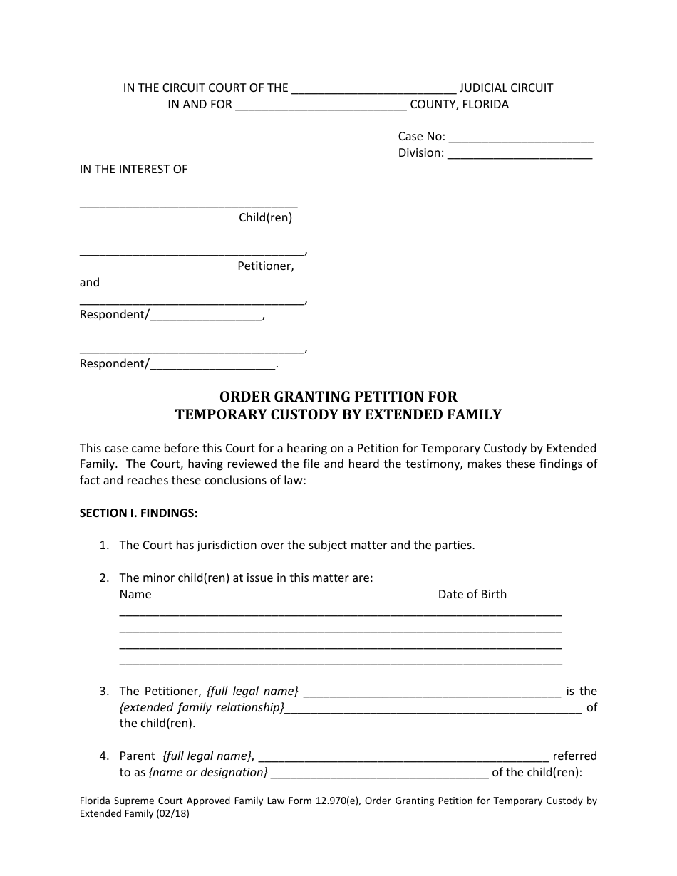 Form 12.970(E) Order Granting Petition for Temporary Custody by Extended Family - Florida, Page 1
