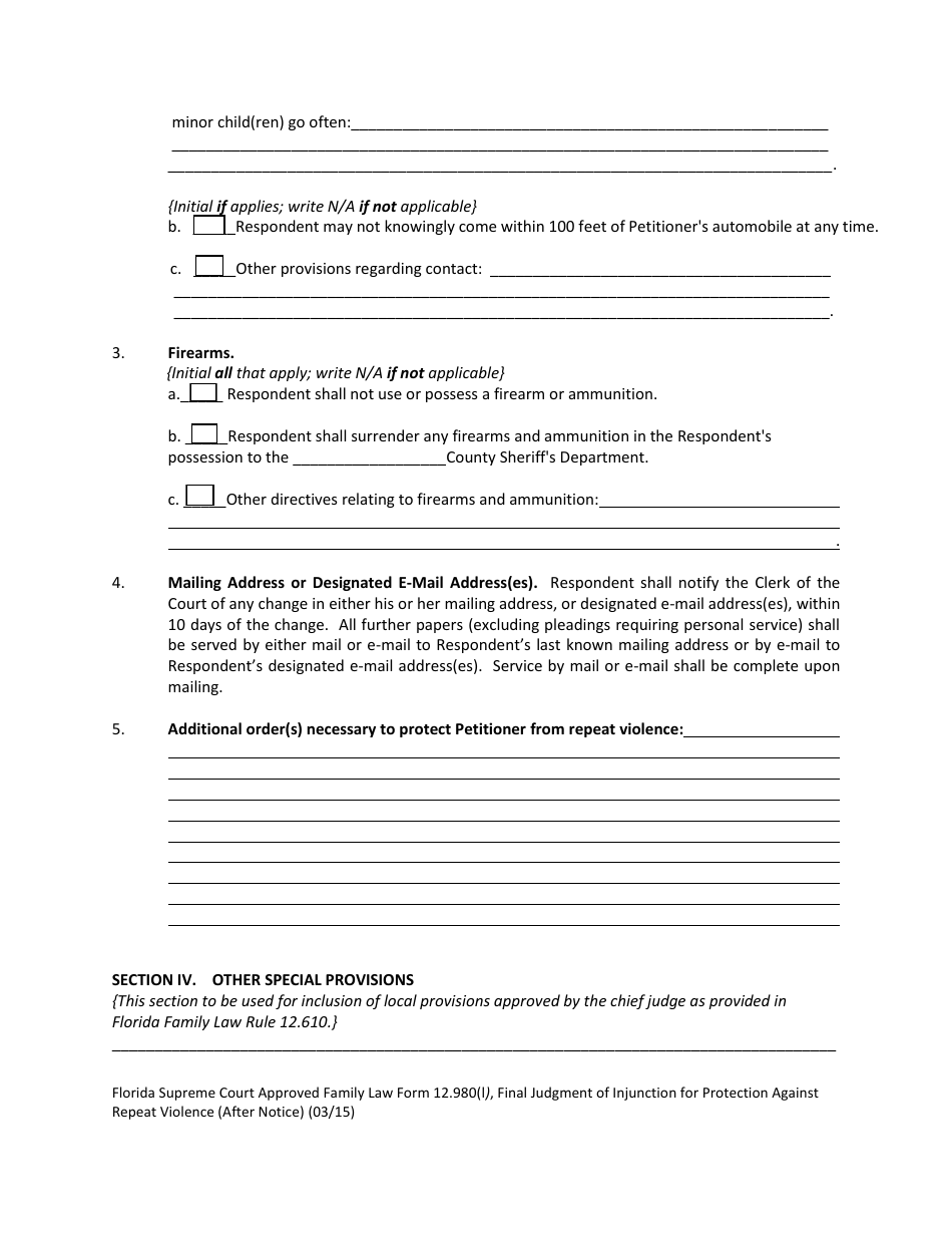 Form 12.980(L) Final Judgment of Injunction for Protection Against Repeat Violence (After Notice) - Florida, Page 3
