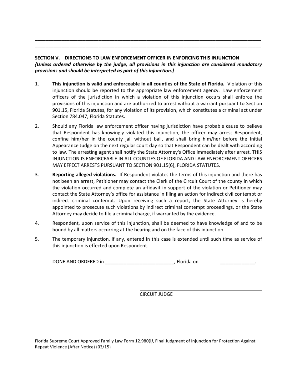 Form 12.980(L) Final Judgment of Injunction for Protection Against Repeat Violence (After Notice) - Florida, Page 4