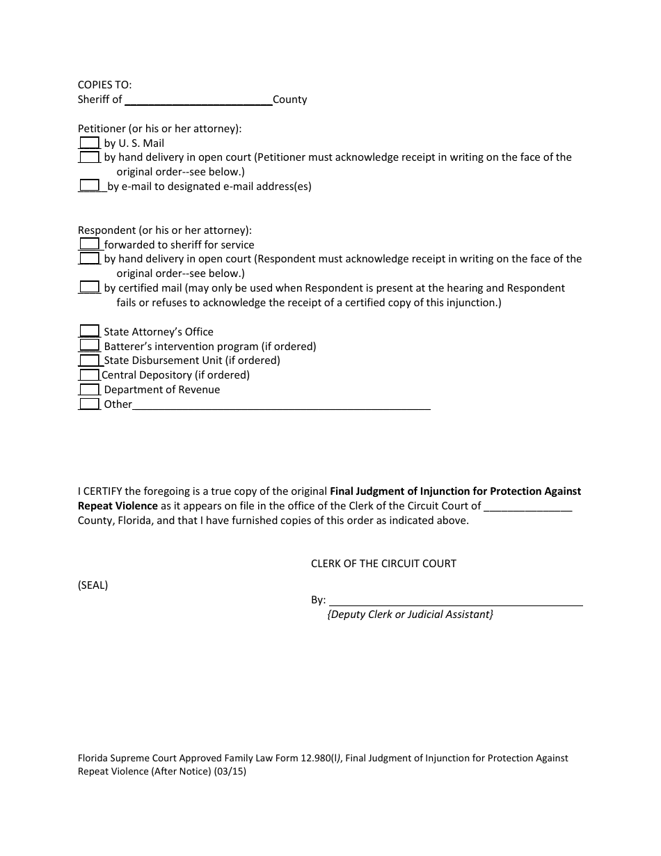 Form 12.980(L) Final Judgment of Injunction for Protection Against Repeat Violence (After Notice) - Florida, Page 5