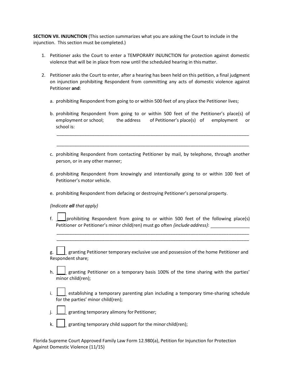 Form 12.980(A) Petition for Injunction for Protection Against Domestic Violence - Florida, Page 12