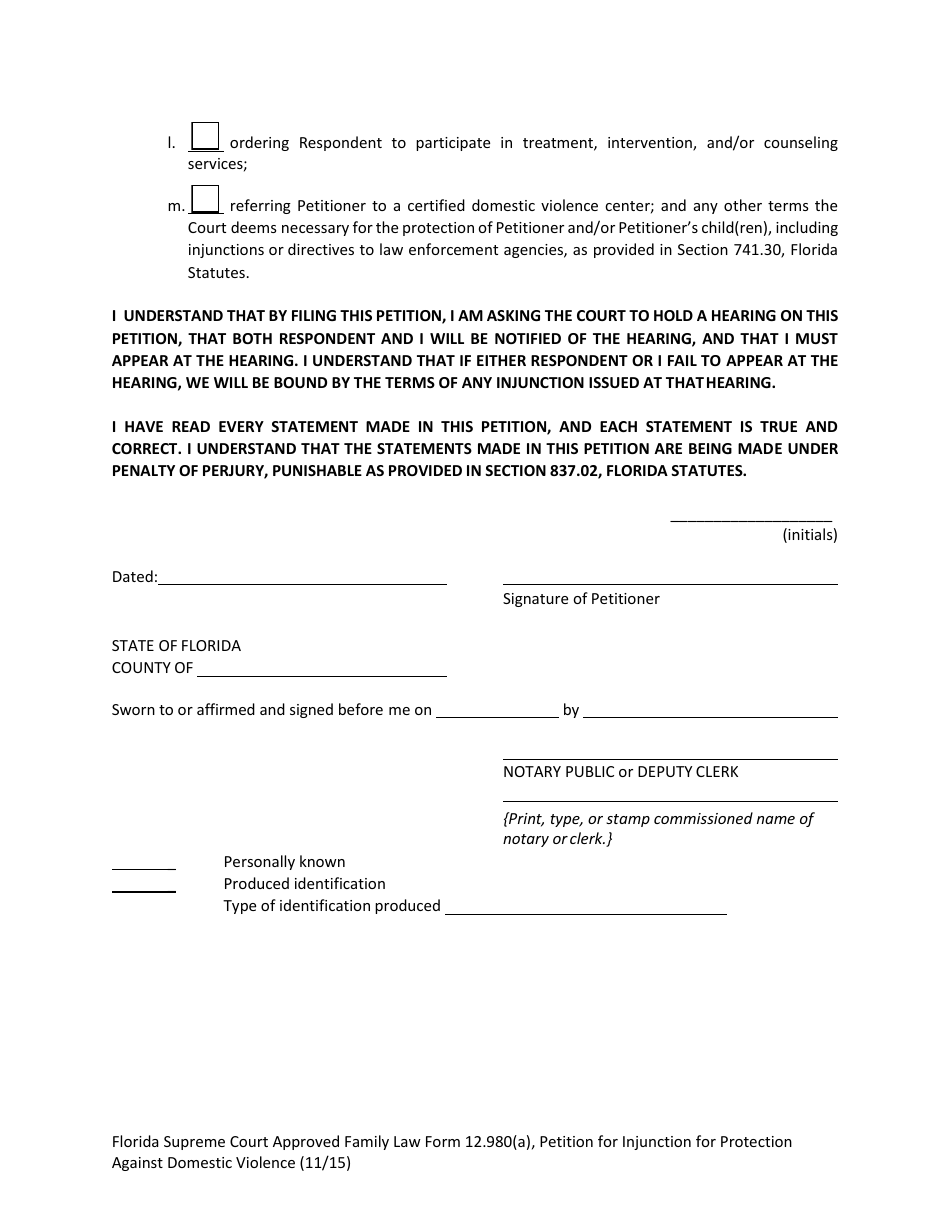 Form 12.980(A) Petition for Injunction for Protection Against Domestic Violence - Florida, Page 13