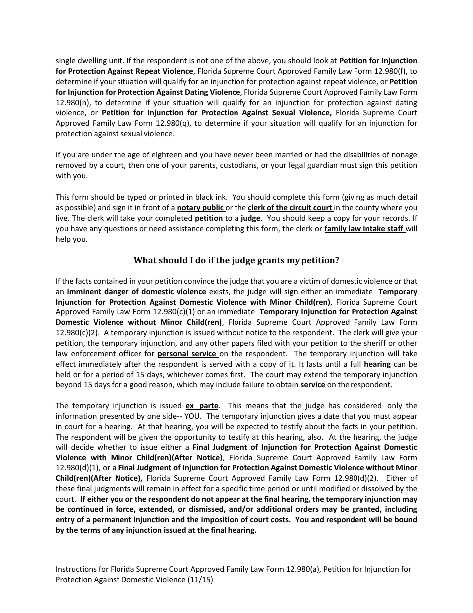 Form 12.980(A) Petition for Injunction for Protection Against Domestic Violence - Florida, Page 2