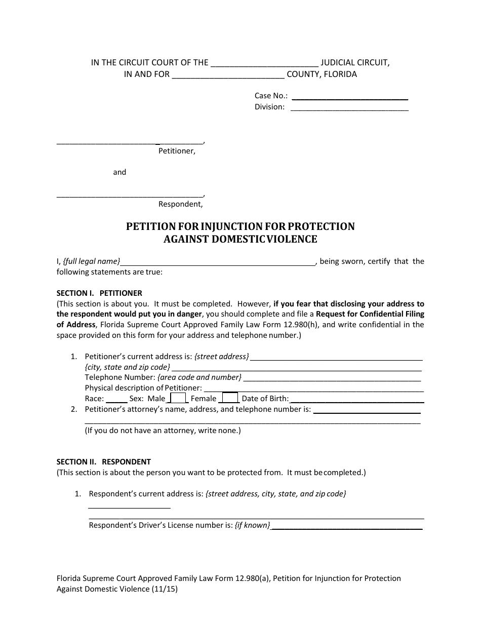 Form 12.980(A) Petition for Injunction for Protection Against Domestic Violence - Florida, Page 5