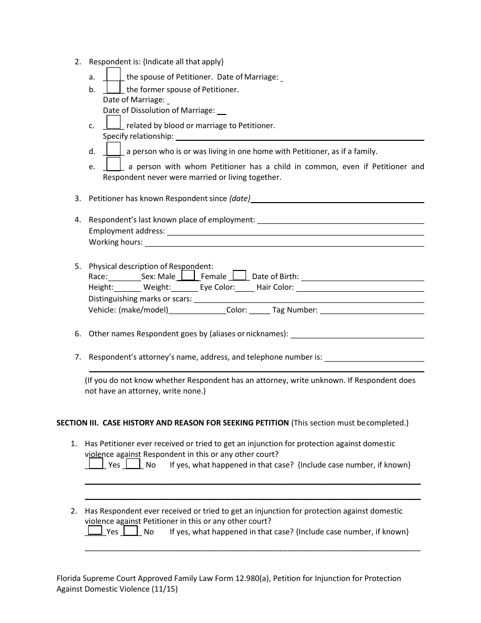 Form 12.980(A) Petition for Injunction for Protection Against Domestic Violence - Florida, Page 6