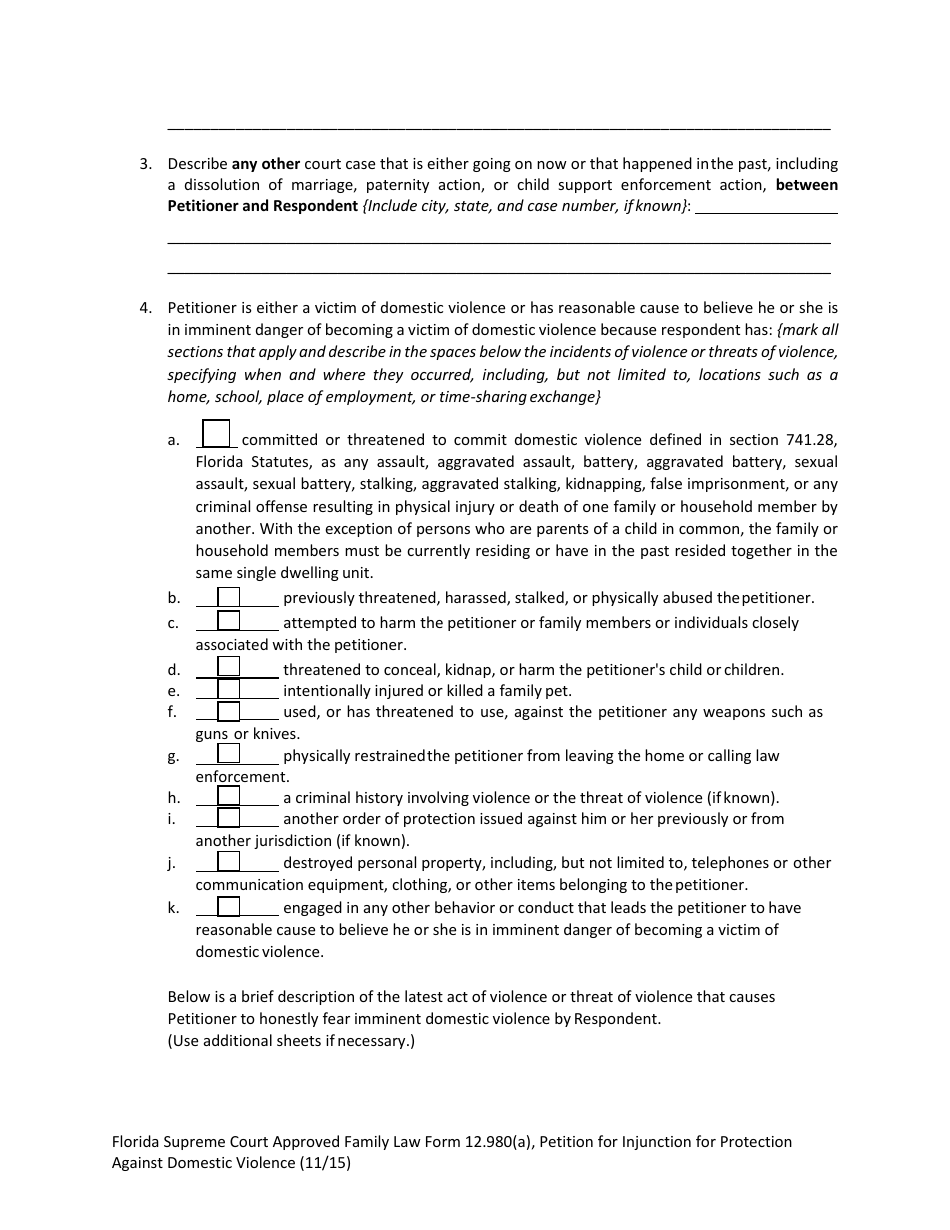 Form 12.980(A) Petition for Injunction for Protection Against Domestic Violence - Florida, Page 7