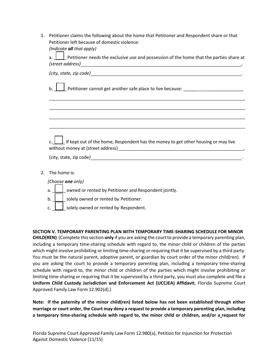 Form 12.980(A) Petition for Injunction for Protection Against Domestic Violence - Florida, Page 9