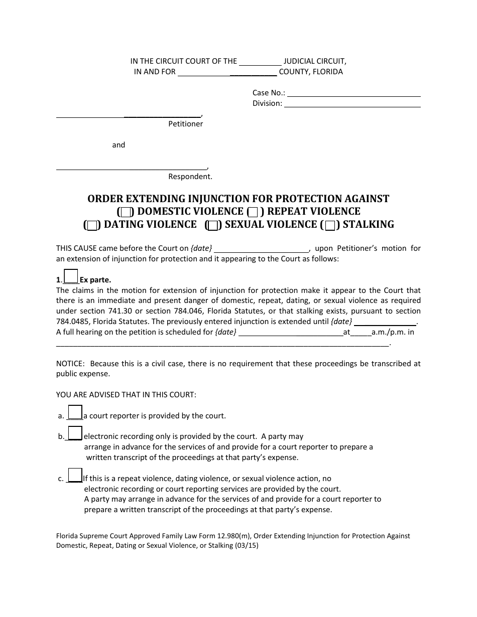 Form 12.980(M) Order Extending Injunction for Protection Against Domestic Violence, Repeat Violence, Dating Violence, Sexual Violence, Stalking - Florida, Page 1