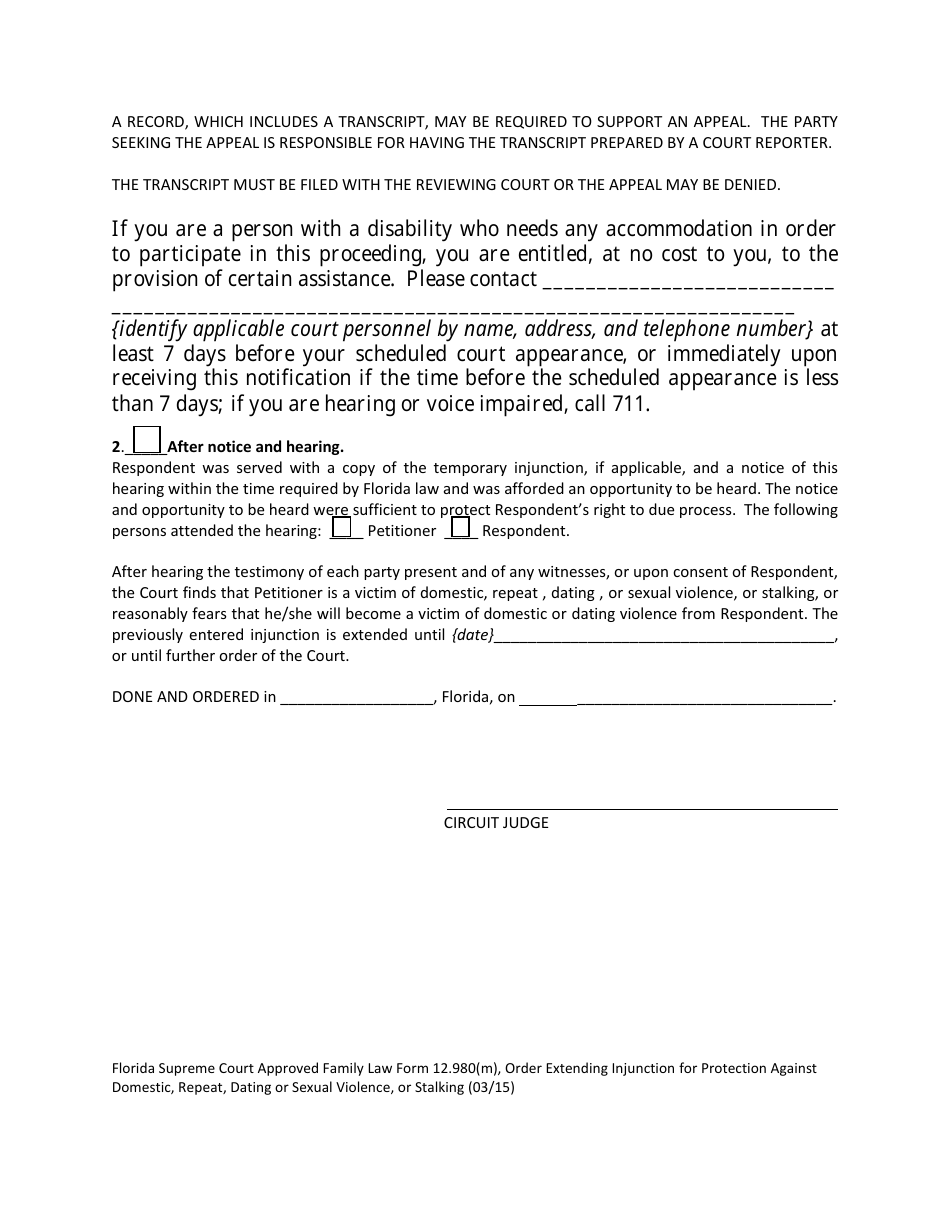 Form 12.980(M) Order Extending Injunction for Protection Against Domestic Violence, Repeat Violence, Dating Violence, Sexual Violence, Stalking - Florida, Page 2