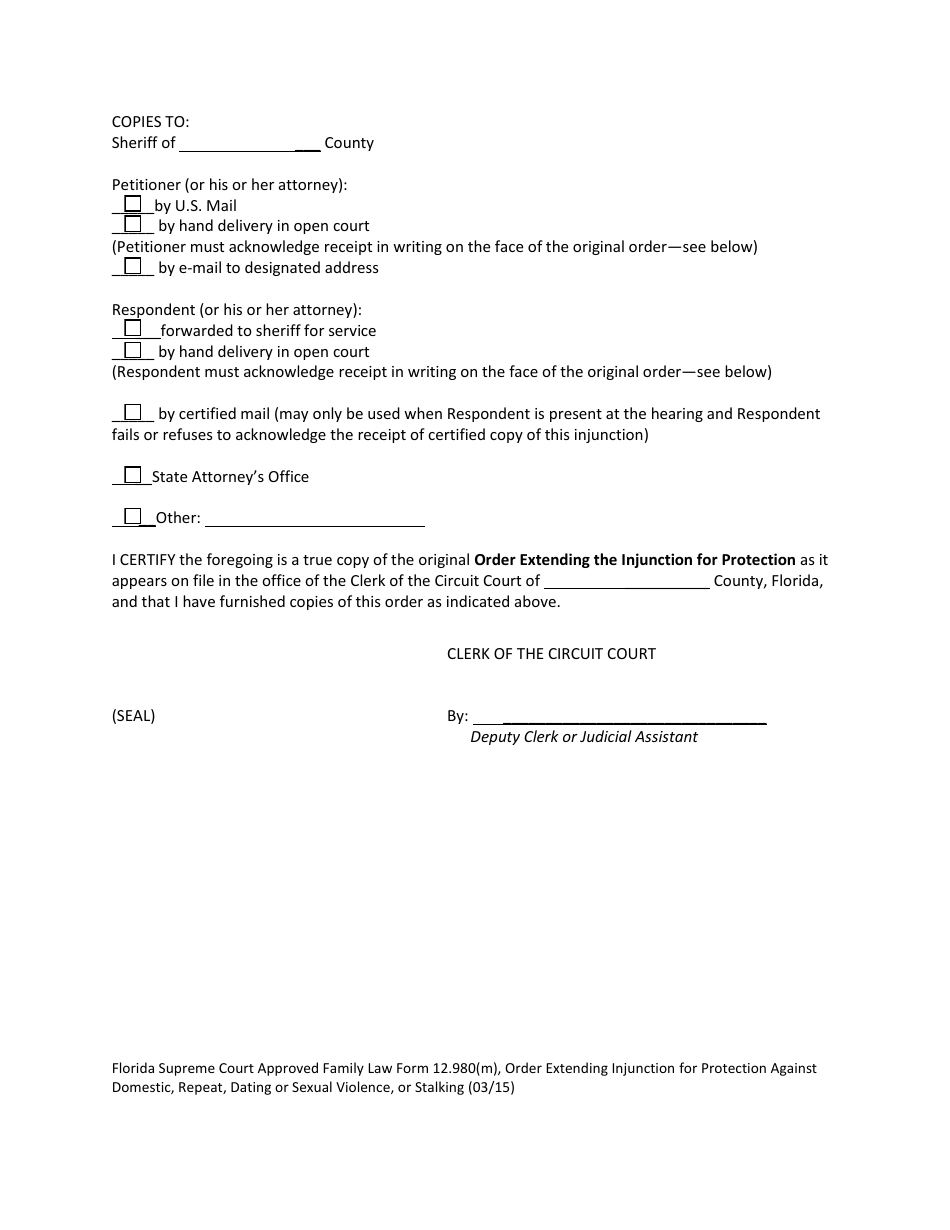 Form 12.980(M) Order Extending Injunction for Protection Against Domestic Violence, Repeat Violence, Dating Violence, Sexual Violence, Stalking - Florida, Page 3