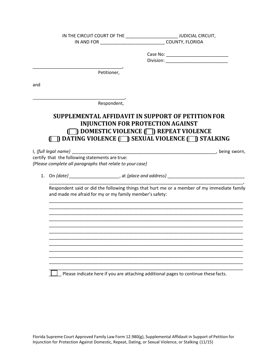 Form 12.980(G) Supplemental Affidavit in Support of Petition for Injunction for Protection Against Domestic, Repeat, Dating, or Sexual Violence, or Stalking - Florida, Page 3