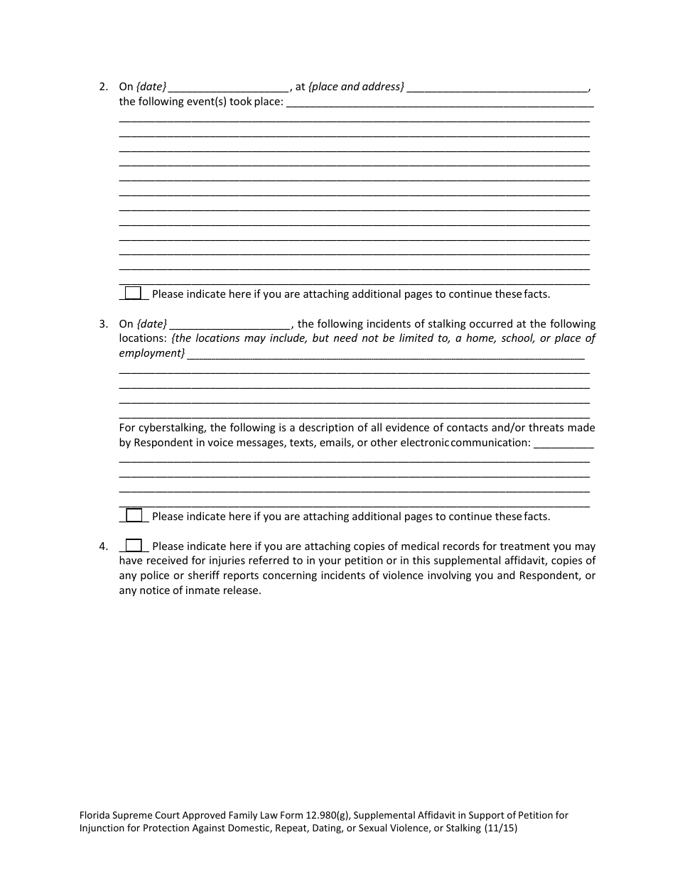 Form 12.980(G) Supplemental Affidavit in Support of Petition for Injunction for Protection Against Domestic, Repeat, Dating, or Sexual Violence, or Stalking - Florida, Page 4