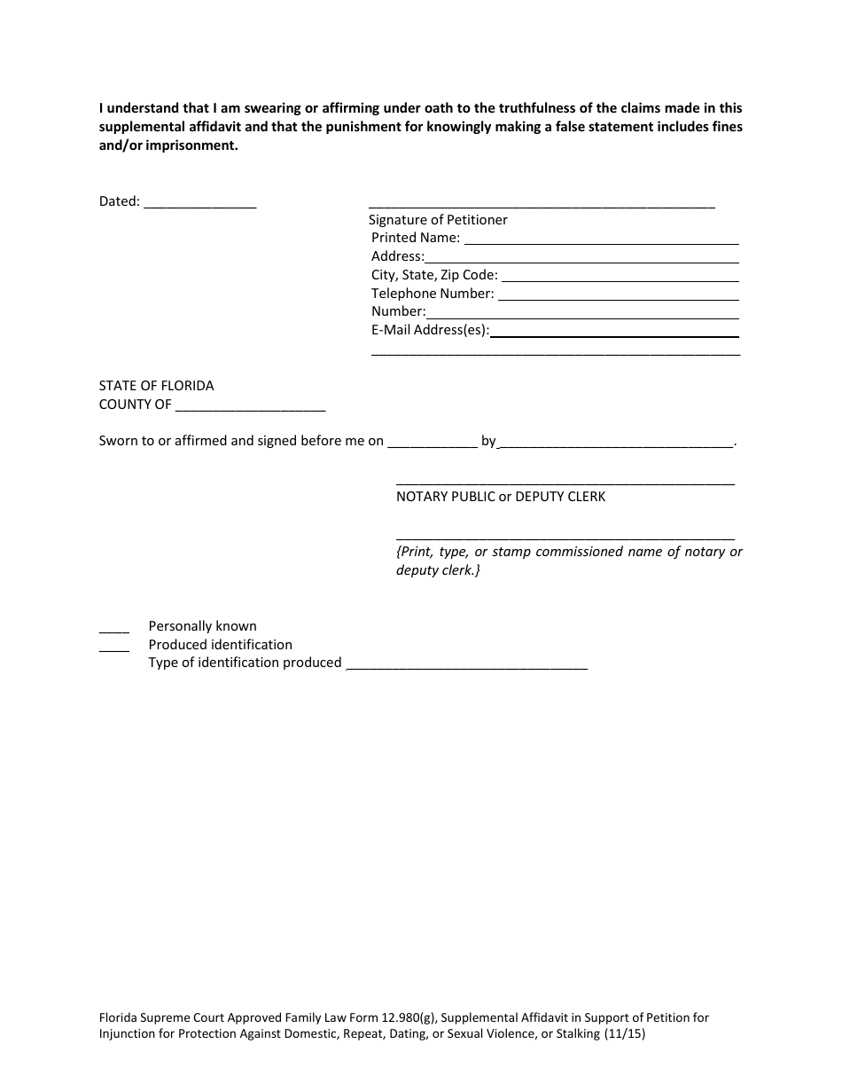 Form 12.980(G) Supplemental Affidavit in Support of Petition for Injunction for Protection Against Domestic, Repeat, Dating, or Sexual Violence, or Stalking - Florida, Page 5