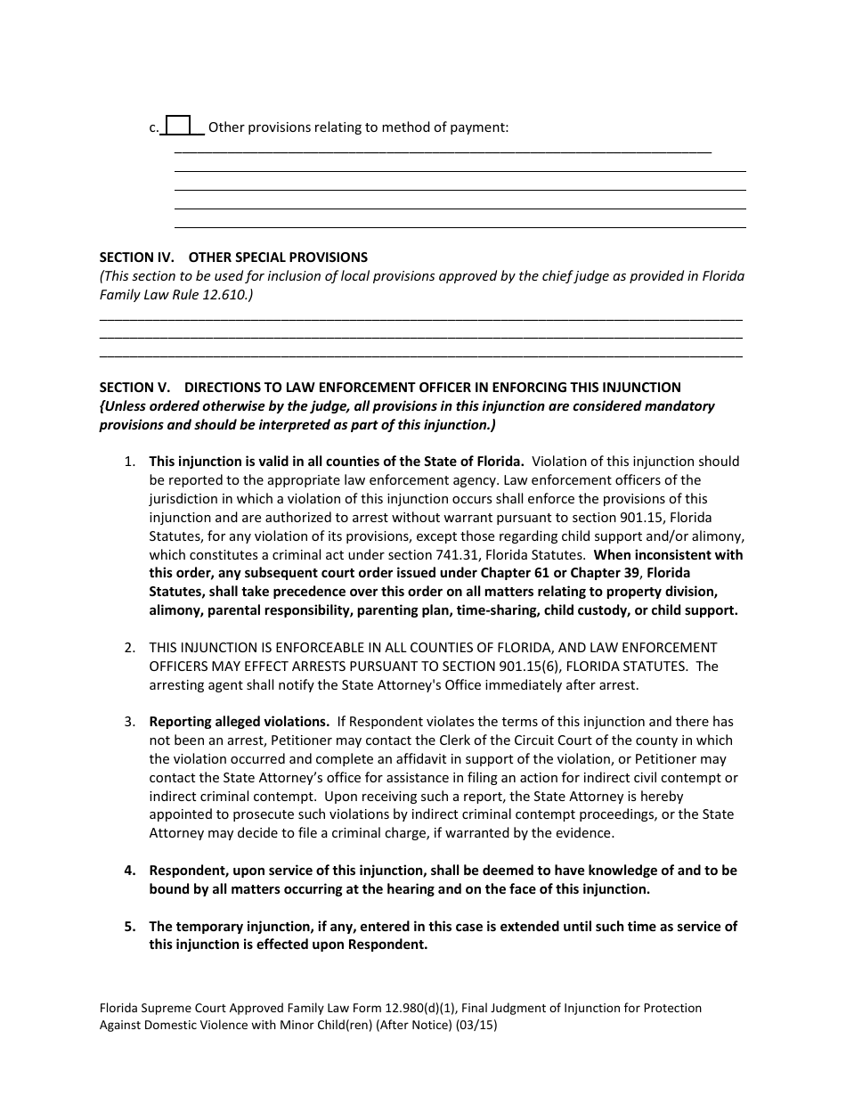 Form 12.980(D)(1) Final Judgment of Injunction for Protection Against Domestic Violence With Minor Child(Ren) (After Notice) - Florida, Page 10