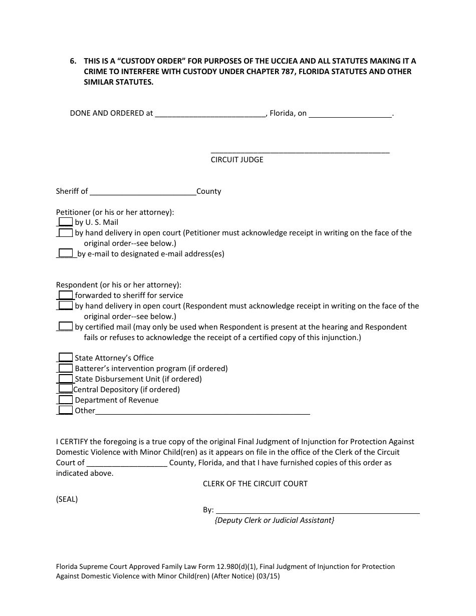 Form 12.980(D)(1) Final Judgment of Injunction for Protection Against Domestic Violence With Minor Child(Ren) (After Notice) - Florida, Page 11