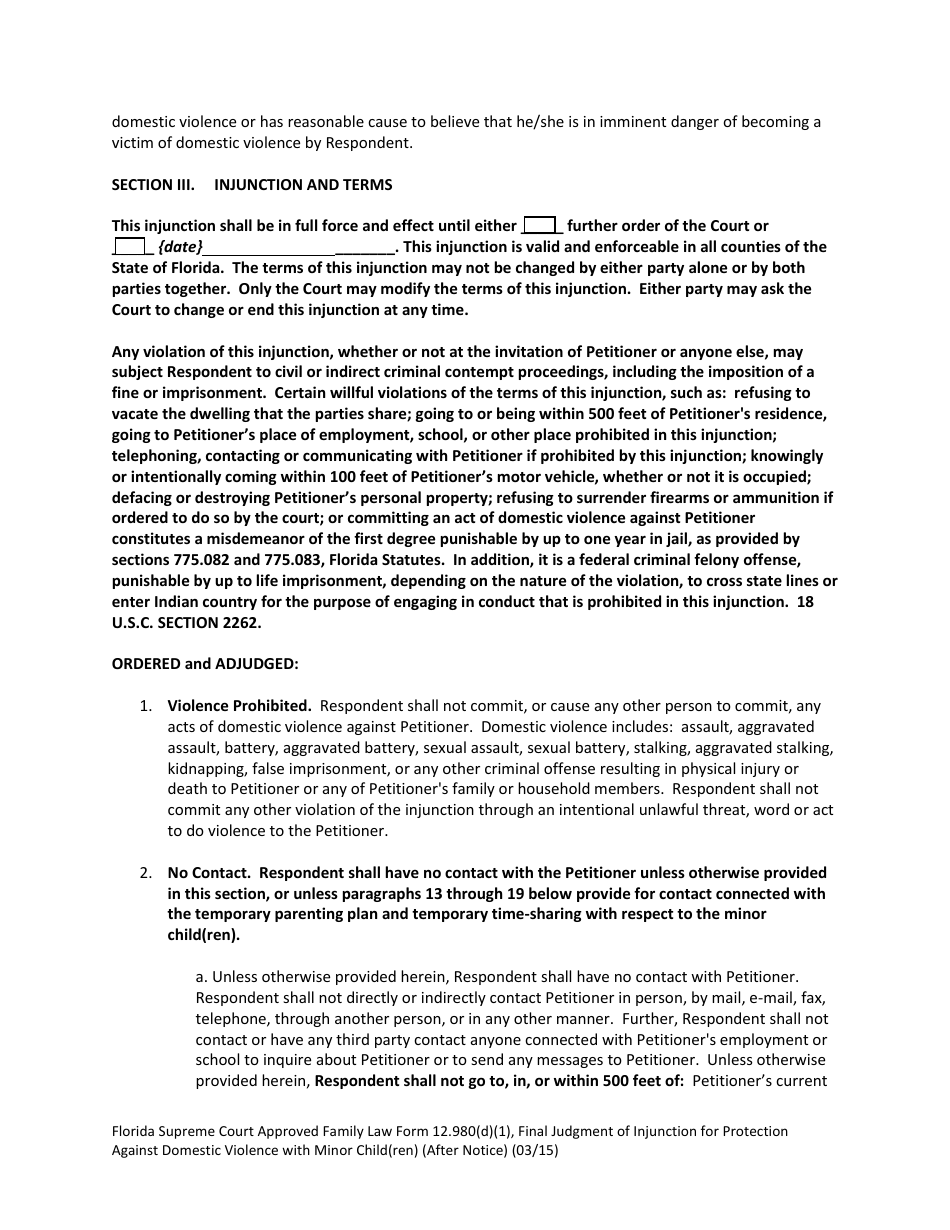 Form 12.980(D)(1) Final Judgment of Injunction for Protection Against Domestic Violence With Minor Child(Ren) (After Notice) - Florida, Page 2