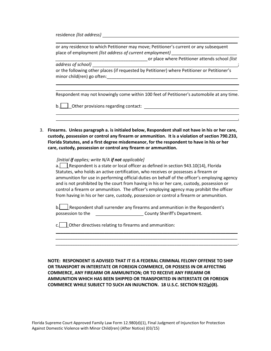 Form 12.980(D)(1) Final Judgment of Injunction for Protection Against Domestic Violence With Minor Child(Ren) (After Notice) - Florida, Page 3