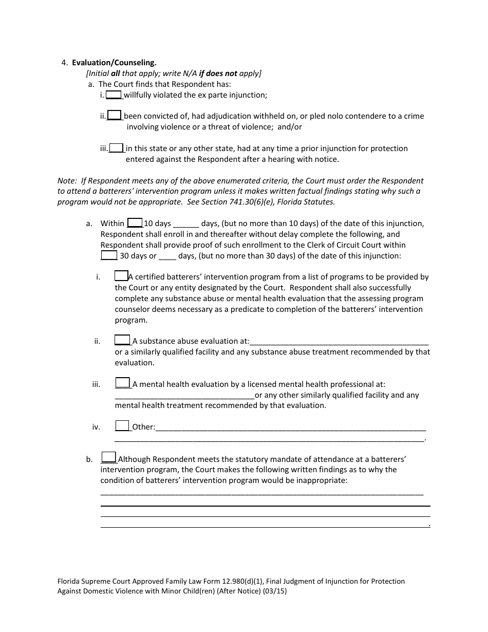 Form 12.980(D)(1) Final Judgment of Injunction for Protection Against Domestic Violence With Minor Child(Ren) (After Notice) - Florida, Page 4