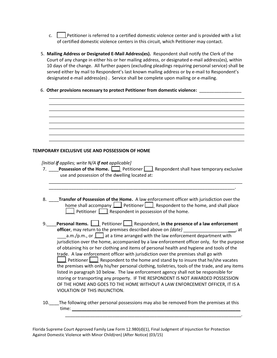 Form 12.980(D)(1) Final Judgment of Injunction for Protection Against Domestic Violence With Minor Child(Ren) (After Notice) - Florida, Page 5