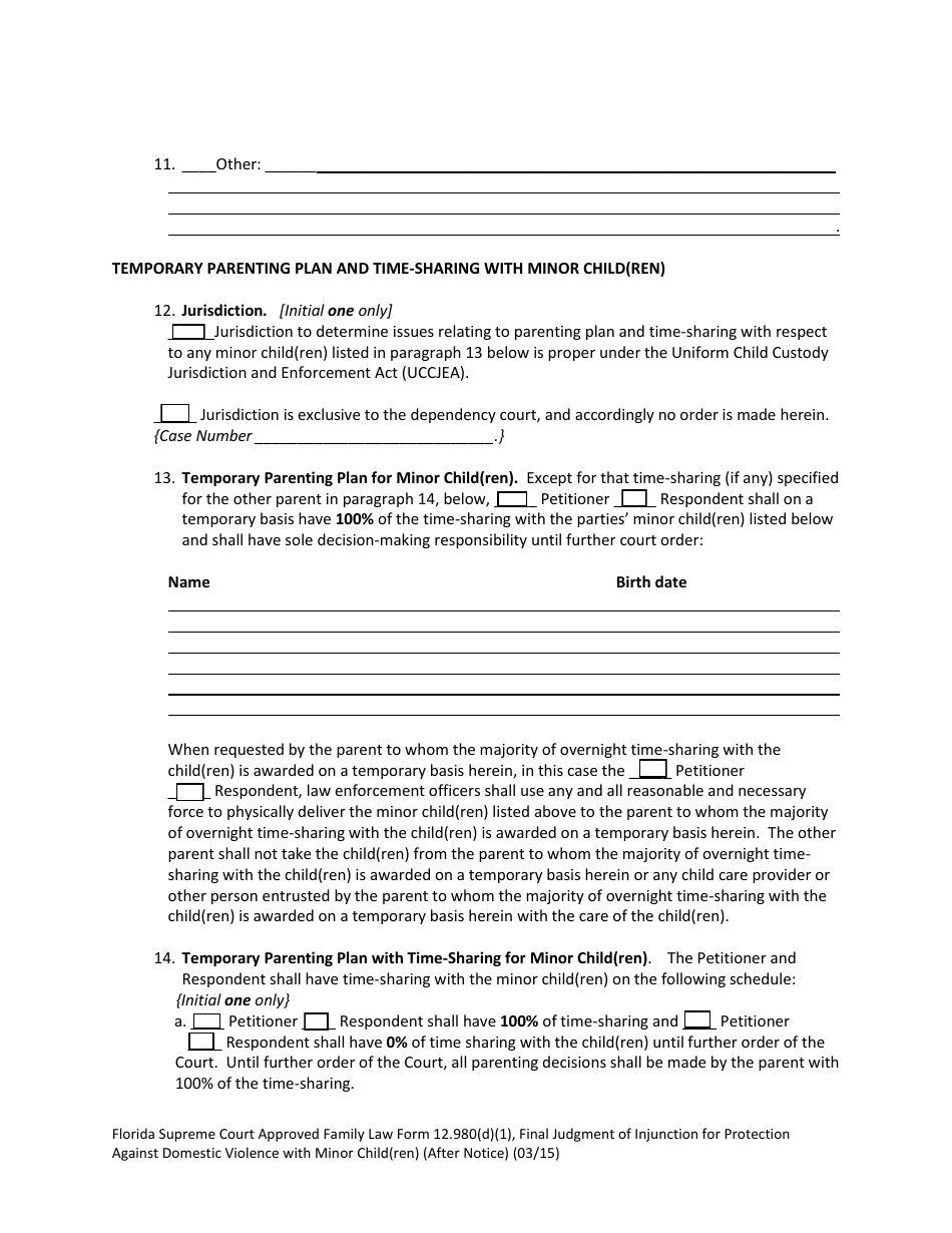 Form 12.980(D)(1) Final Judgment of Injunction for Protection Against Domestic Violence With Minor Child(Ren) (After Notice) - Florida, Page 6