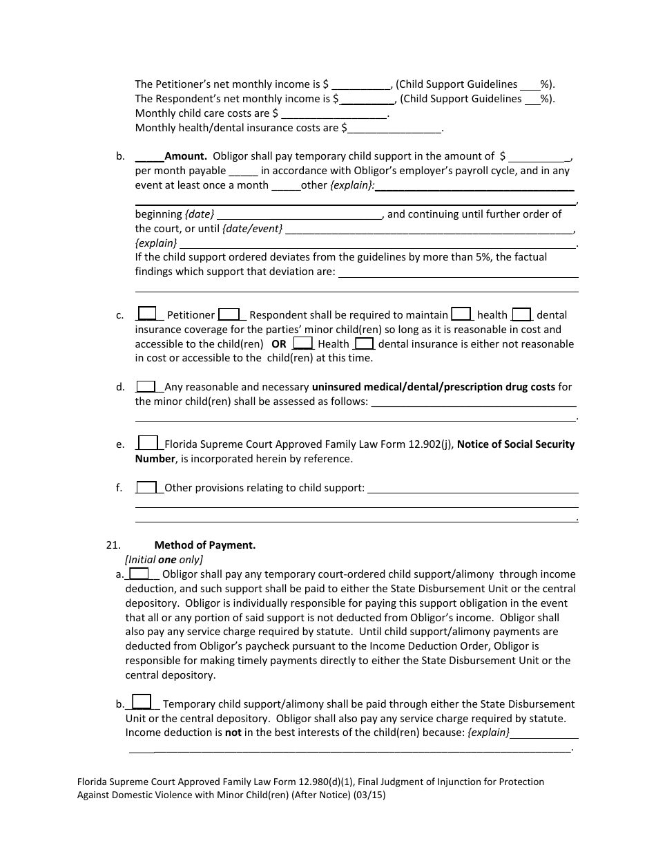 Form 12.980(D)(1) Final Judgment of Injunction for Protection Against Domestic Violence With Minor Child(Ren) (After Notice) - Florida, Page 9