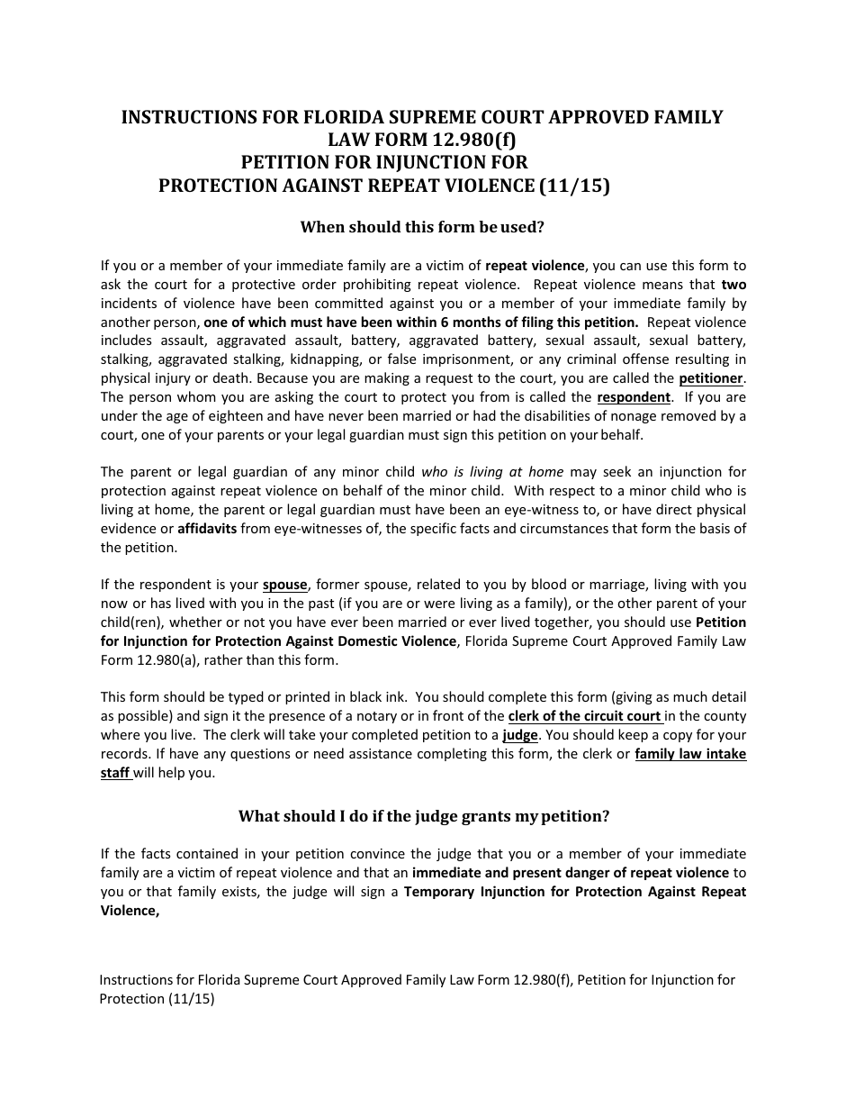 Form 12.980(F) Petition for Injunction for Protection Against Repeat Violence - Florida, Page 1