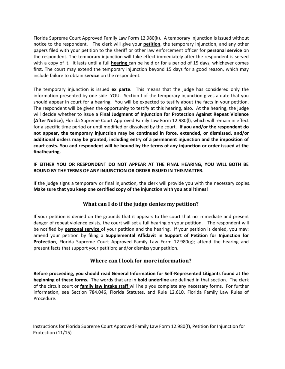 Form 12.980(F) Petition for Injunction for Protection Against Repeat Violence - Florida, Page 2