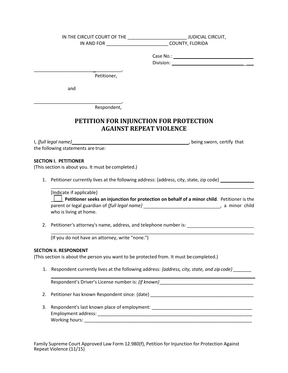 Form 12.980(F) Petition for Injunction for Protection Against Repeat Violence - Florida, Page 4