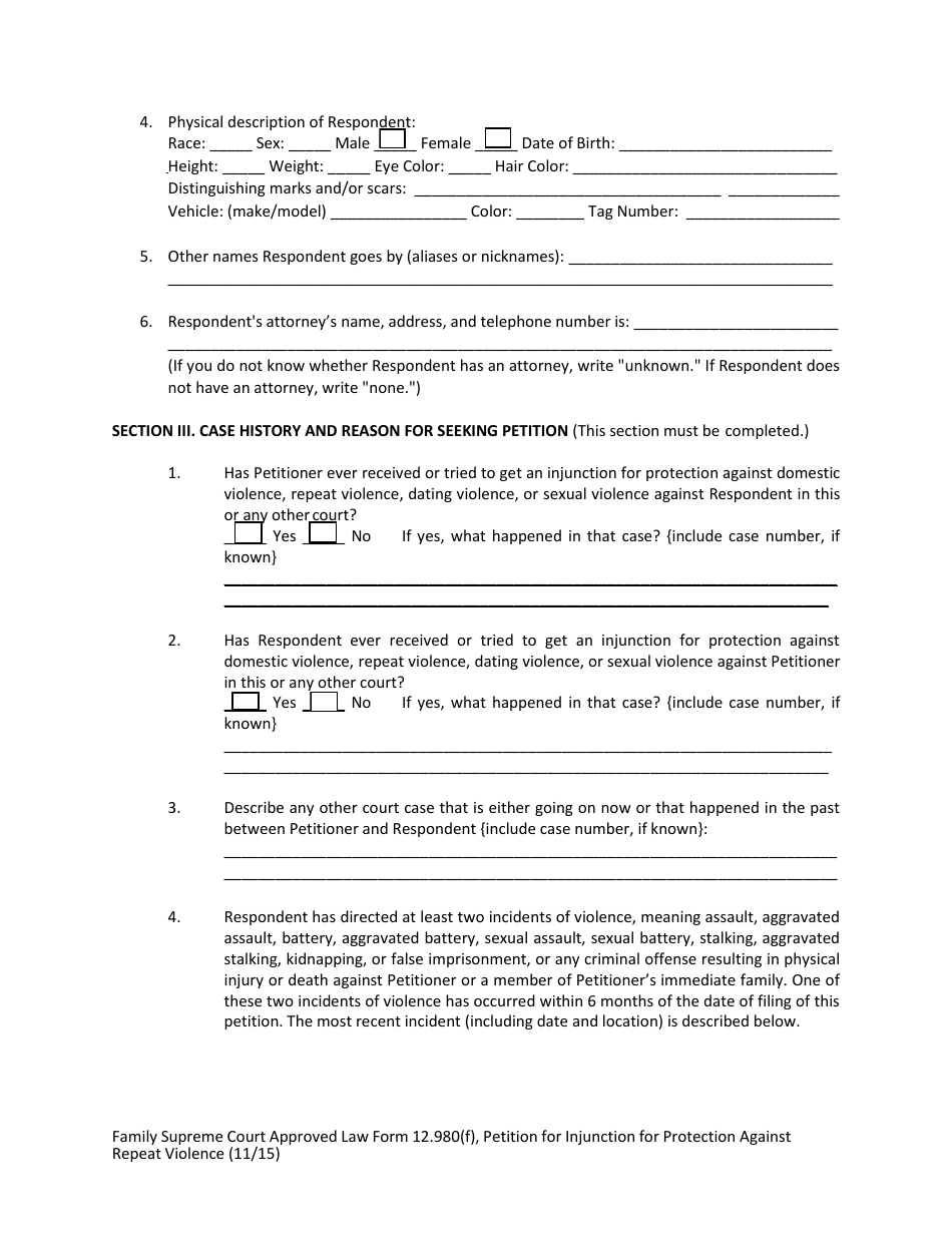 Form 12.980(F) Petition for Injunction for Protection Against Repeat Violence - Florida, Page 5