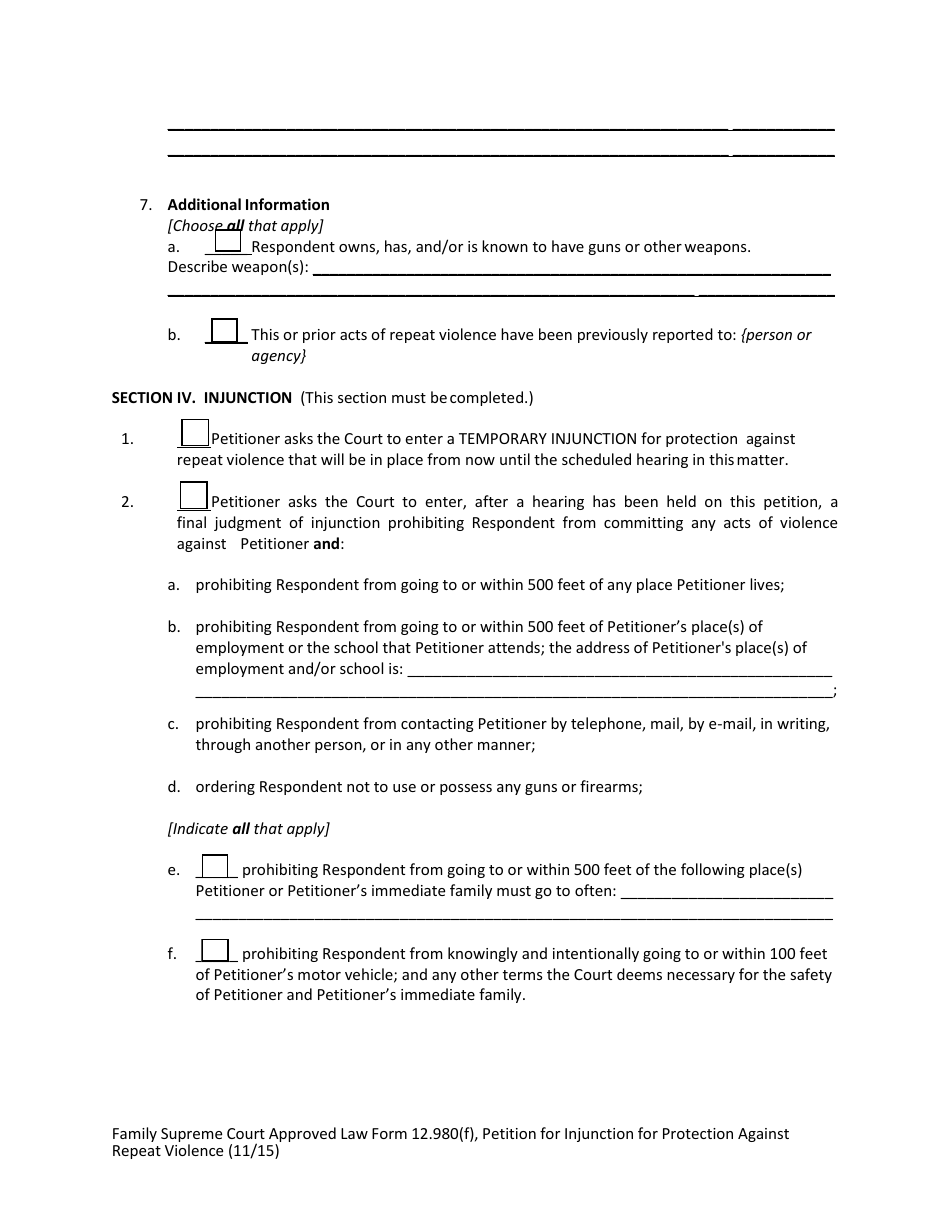 Form 12.980(F) Petition for Injunction for Protection Against Repeat Violence - Florida, Page 7
