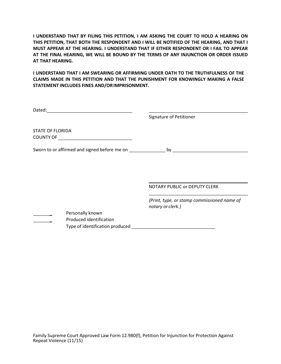 Form 12.980(F) Petition for Injunction for Protection Against Repeat Violence - Florida, Page 8