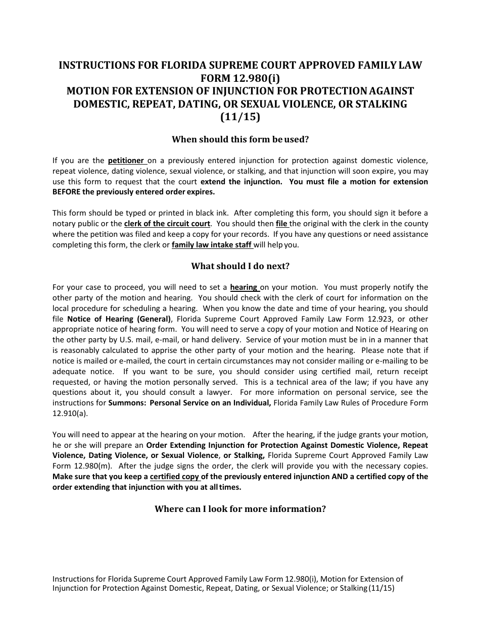 Form 12.980(I) Motion for Extension of Injunction for Protection Against Domestic, Repeat, Dating or Sexual Violence, or Stalking - Florida, Page 1