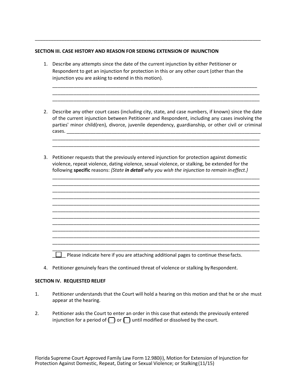 Form 12.980(I) Motion for Extension of Injunction for Protection Against Domestic, Repeat, Dating or Sexual Violence, or Stalking - Florida, Page 5