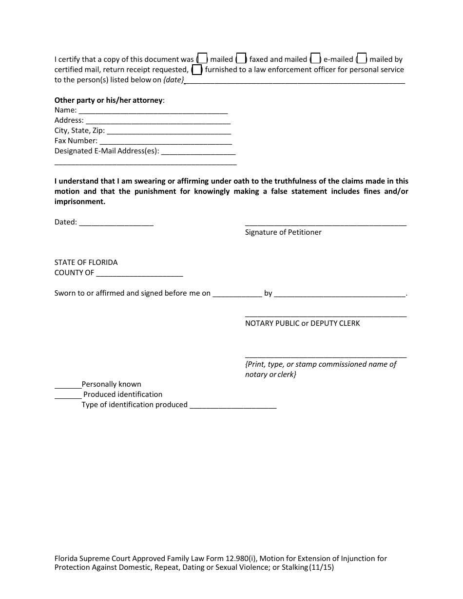 Form 12.980(I) Motion for Extension of Injunction for Protection Against Domestic, Repeat, Dating or Sexual Violence, or Stalking - Florida, Page 6