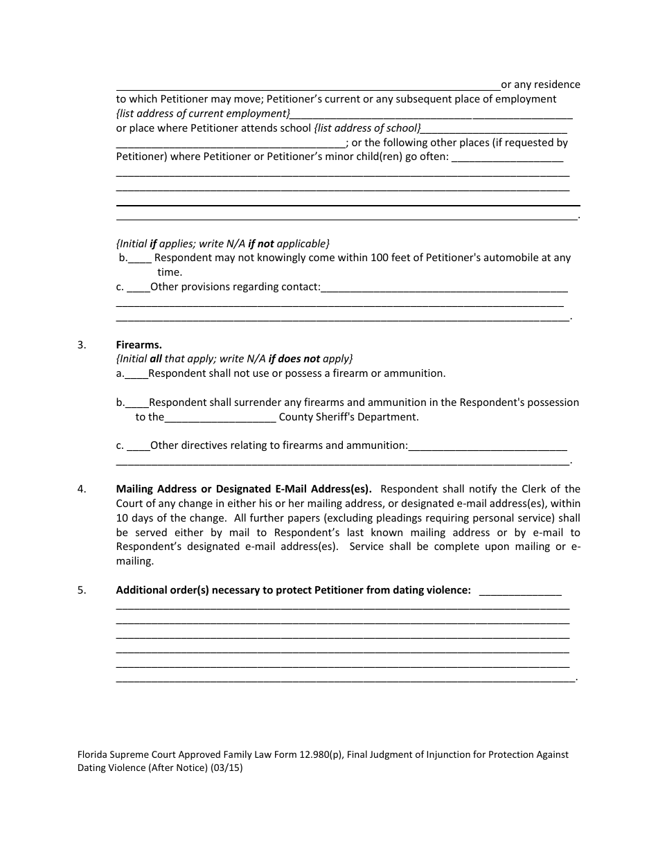 Form 12.980(P) Final Judgment of Injunction for Protection Against Dating Violence (After Notice) - Florida, Page 3