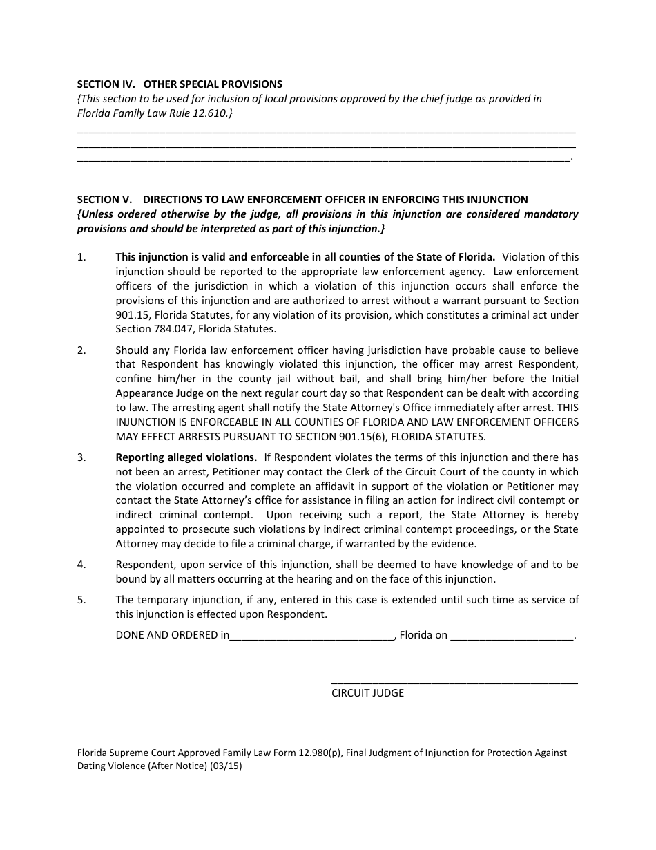 Form 12.980(P) Final Judgment of Injunction for Protection Against Dating Violence (After Notice) - Florida, Page 4