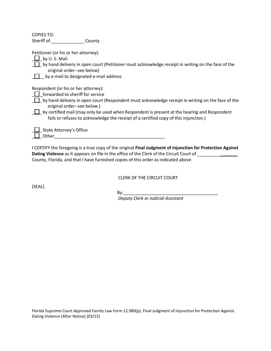 Form 12.980(P) Final Judgment of Injunction for Protection Against Dating Violence (After Notice) - Florida, Page 5