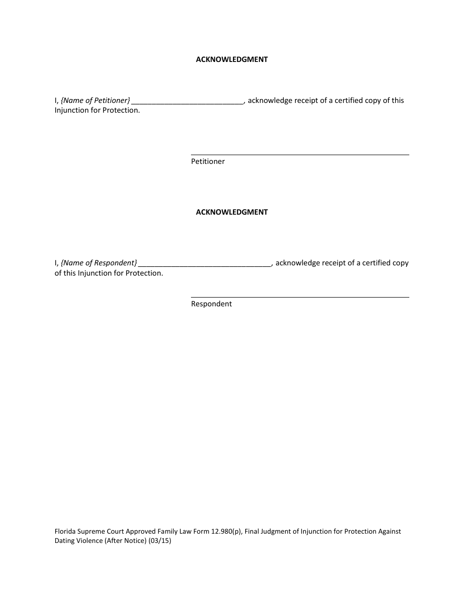 Form 12.980(P) Final Judgment of Injunction for Protection Against Dating Violence (After Notice) - Florida, Page 6