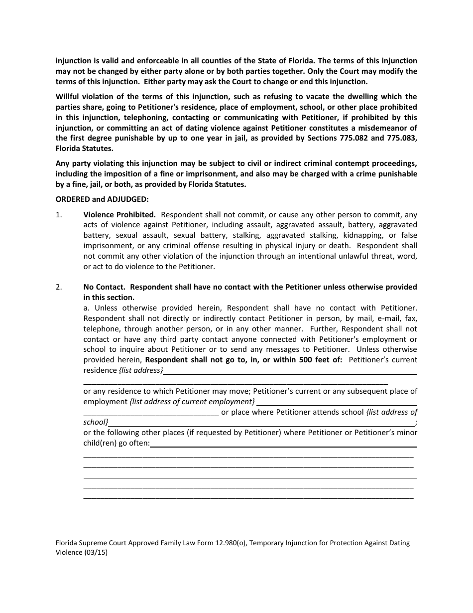 Form 12.980(O) Temporary Injunction for Protection Against Dating Violence - Florida, Page 3