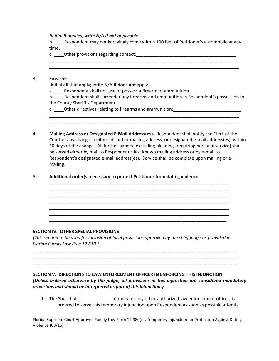 Form 12.980(O) Temporary Injunction for Protection Against Dating Violence - Florida, Page 4