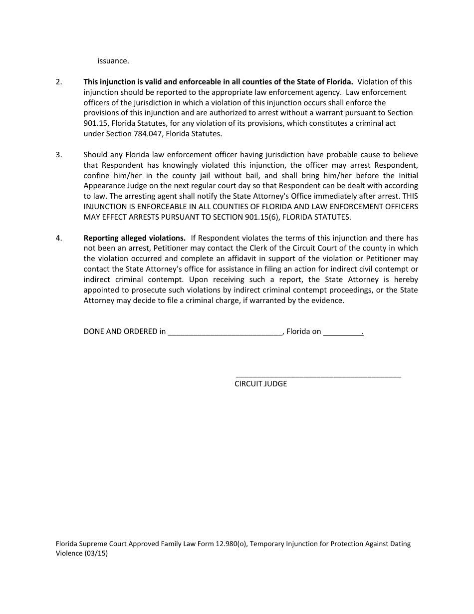 Form 12.980(O) Temporary Injunction for Protection Against Dating Violence - Florida, Page 5