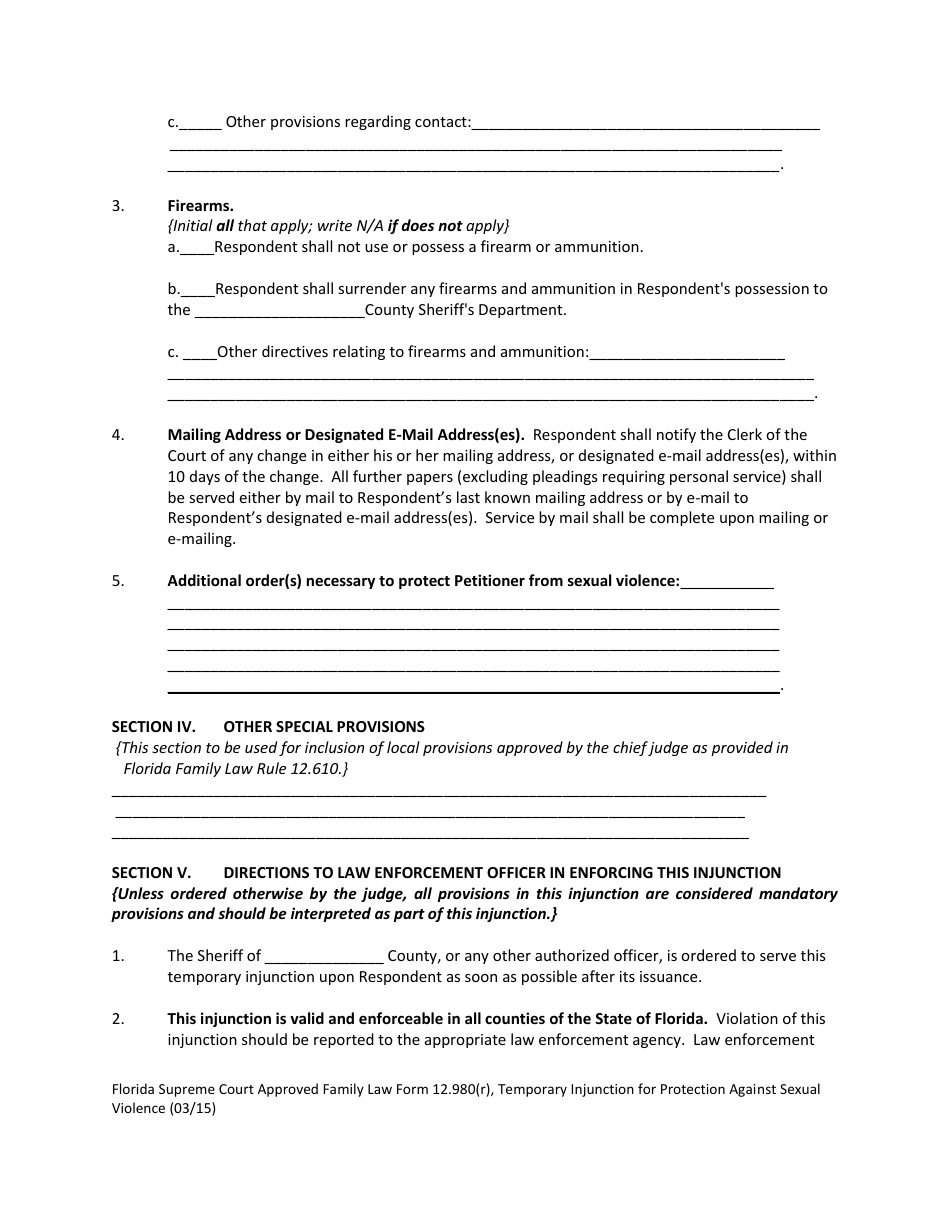 Form 12.980(R) Temporary Injunction for Protection Against Sexual Violence - Florida, Page 4