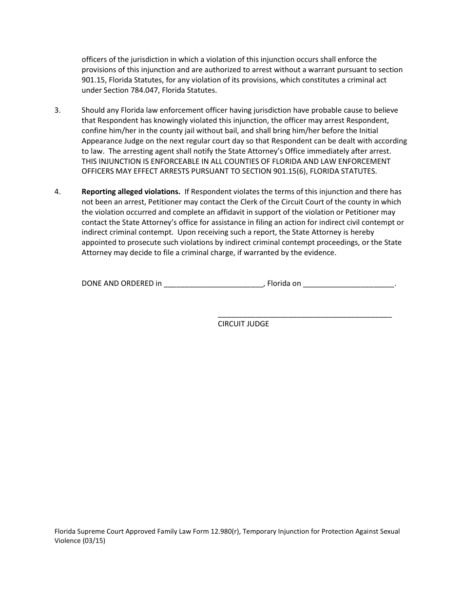 Form 12.980(R) Temporary Injunction for Protection Against Sexual Violence - Florida, Page 5