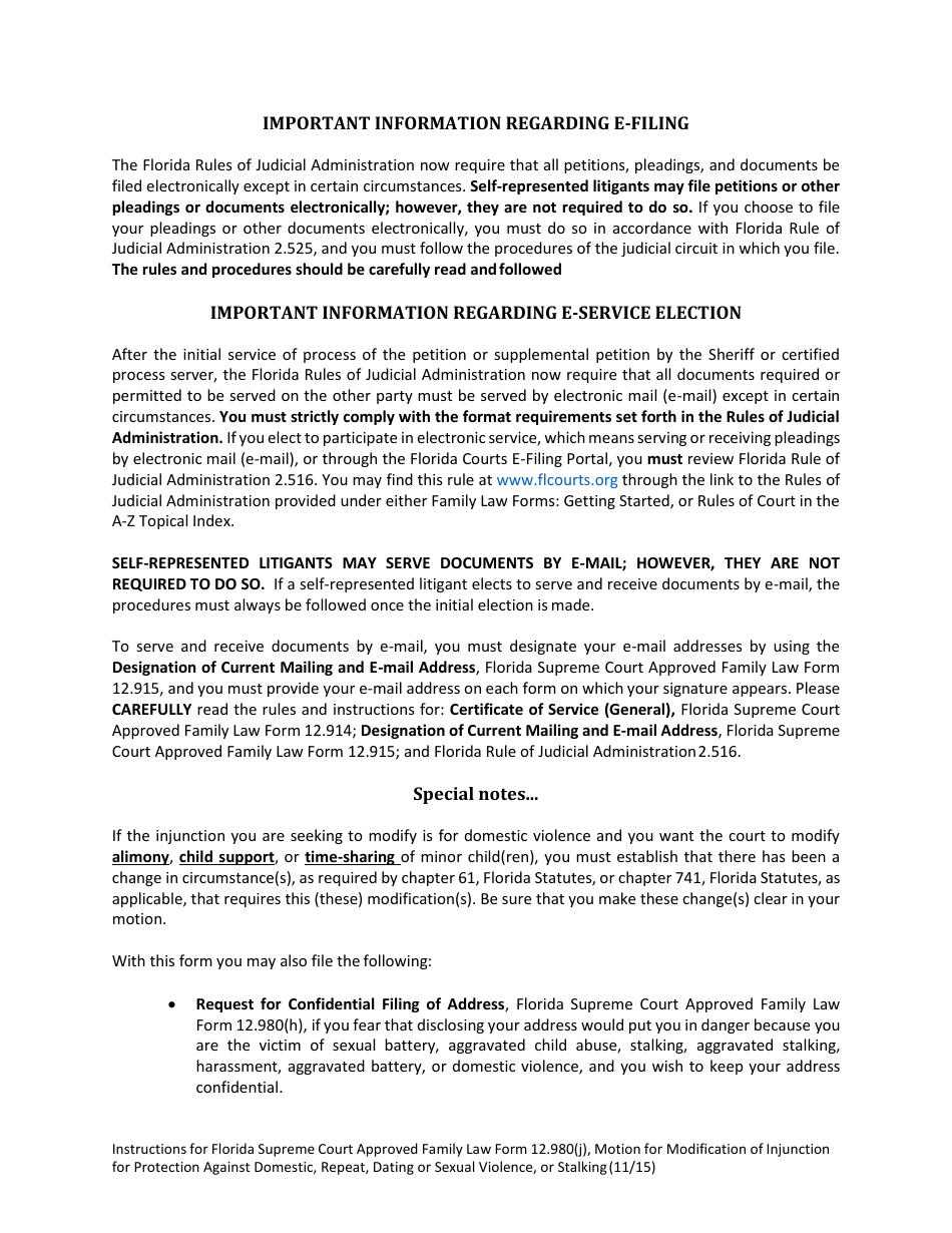 Form 12.980(J) Motion for Modification of Injunction for Protection Against Domestic, Repeat, Dating or Sexual Violence, or Stalking - Florida, Page 2