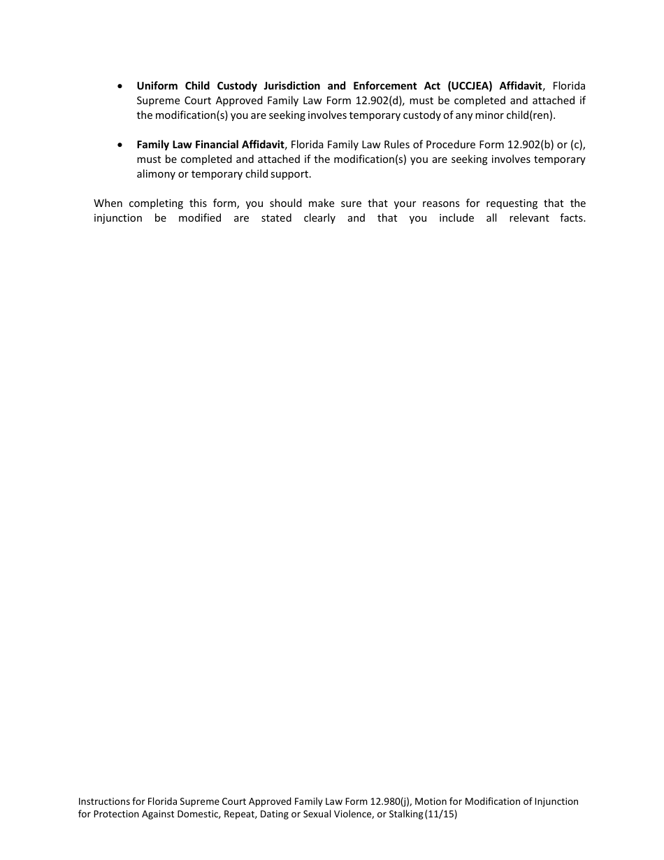 Form 12.980(J) Motion for Modification of Injunction for Protection Against Domestic, Repeat, Dating or Sexual Violence, or Stalking - Florida, Page 3